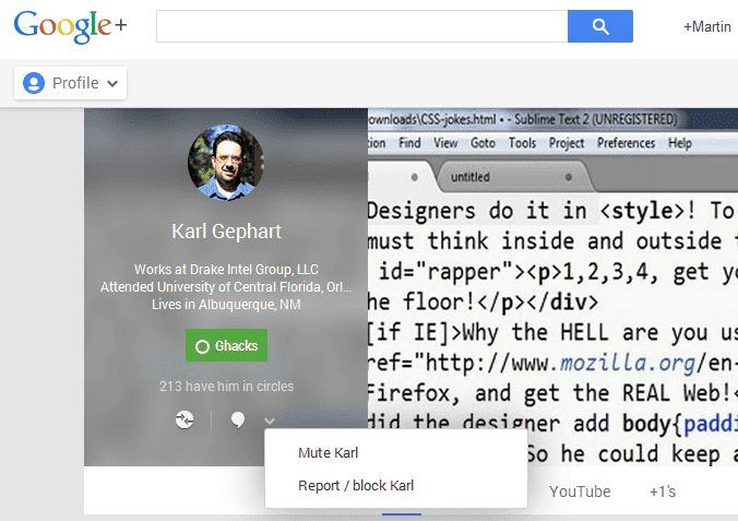 mute block google plus users