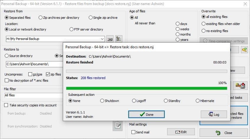 Personal Backup restore done
