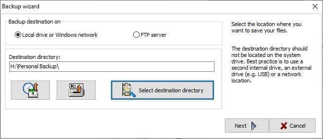 Personal Backup select destination