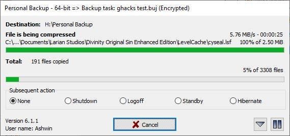 Personal Backup backup progress