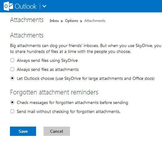 Määritä Outlook.com käyttämään SkyDriveä aina tai ei koskaan liitetiedostoina