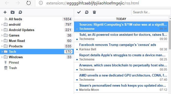 Smart RSS Reader imported feeds