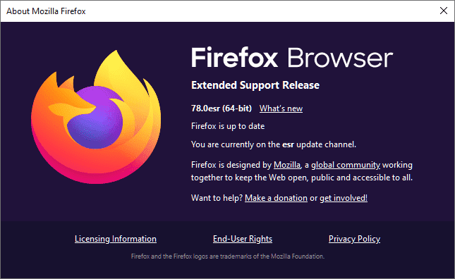 Hlavní rozdíly mezi Firefoxem 78 a Firefoxem ESR 78Příručka se zaměřuje na rozdíly mezi novou stabilní verzí Firefoxu, Firefox 78 a novou verzí Extended Support Release, Firefox ESR 78.