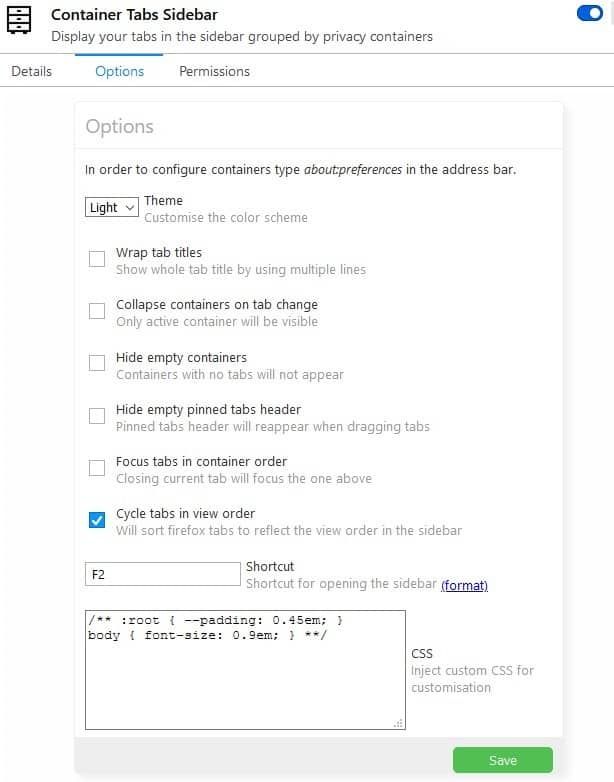 Tab vùng chứa Cài đặt thanh bên firefox