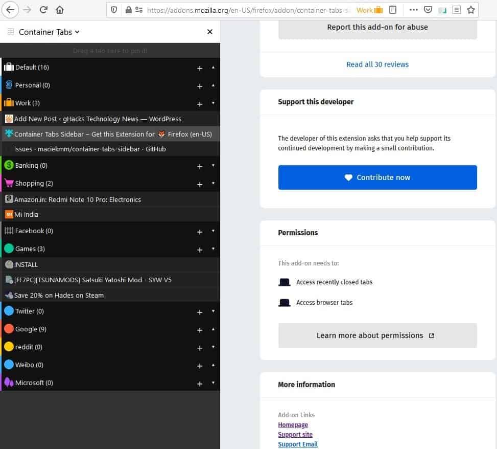 Tab vùng chứa Thanh bên Firefox chủ đề tối
