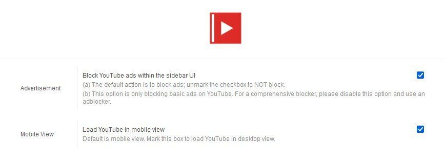 Thanh bên cho các tùy chọn tiện ích bổ sung của YouTube