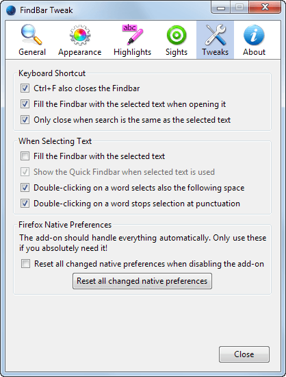 firefox find tweaks