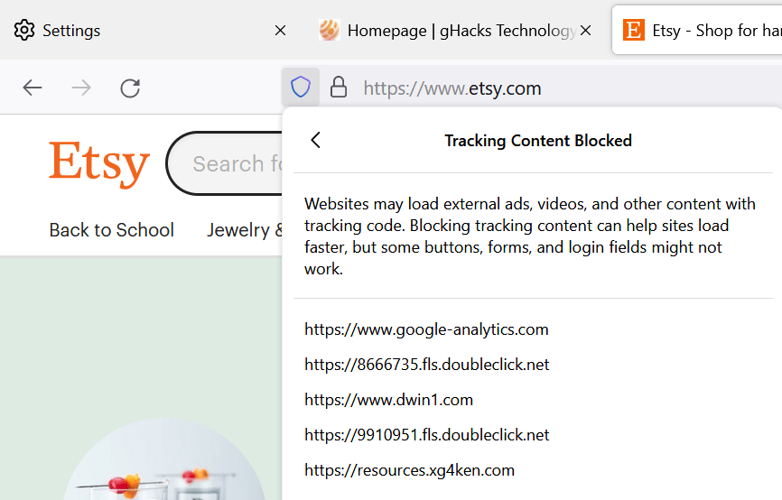 Firefox blockierte Tracking-Inhalte