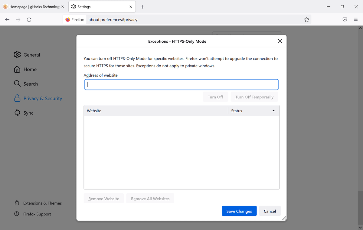 Exceptions en mode https uniquement