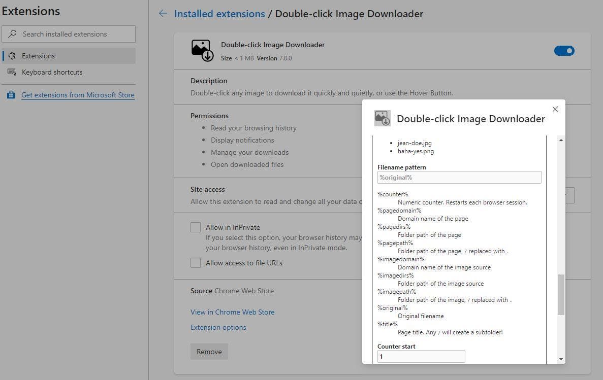 Double-click Image Downloader options chrome