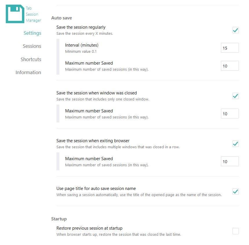 Tab Session Manager settings