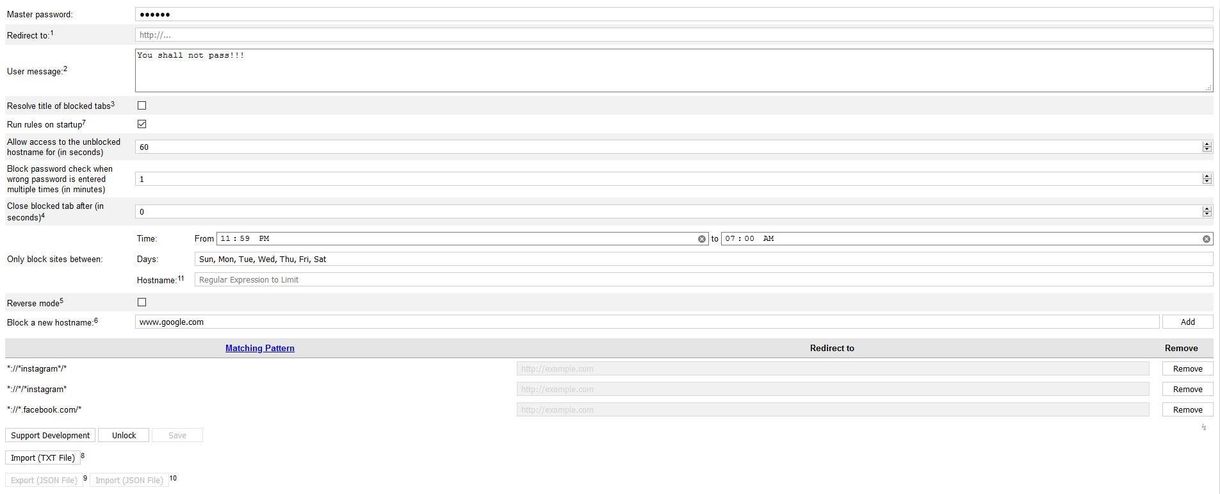 Block site add-on options