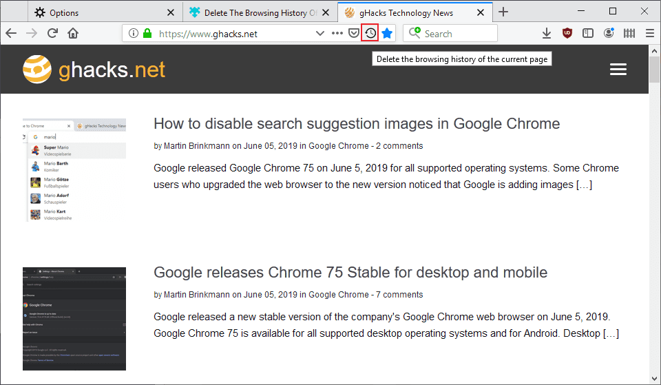 delete browsing history page