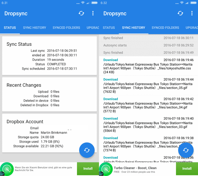 dropbox auto sync files android
