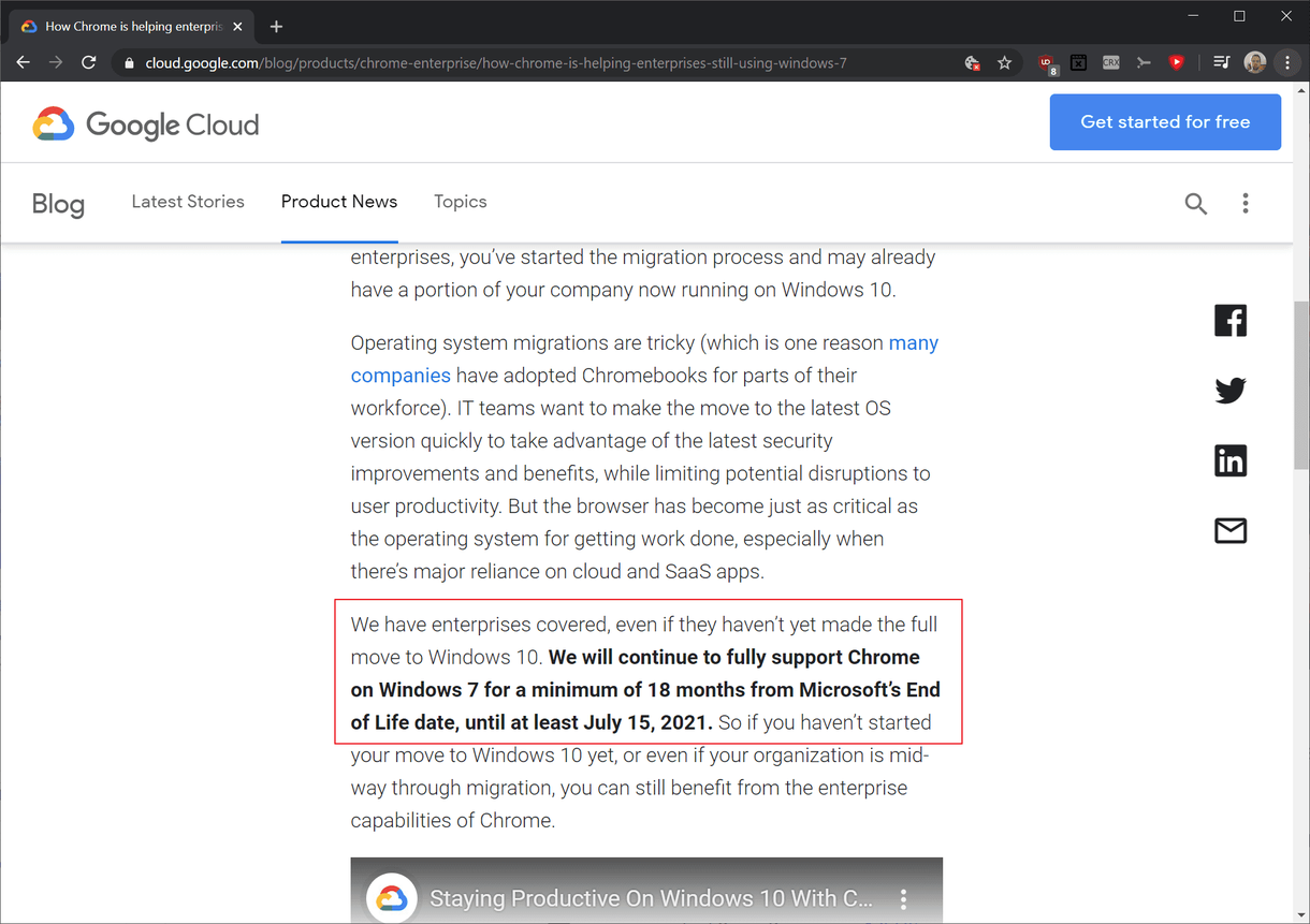 Google Chrome будет поддерживать Windows 7 как минимум до июля 2021 года