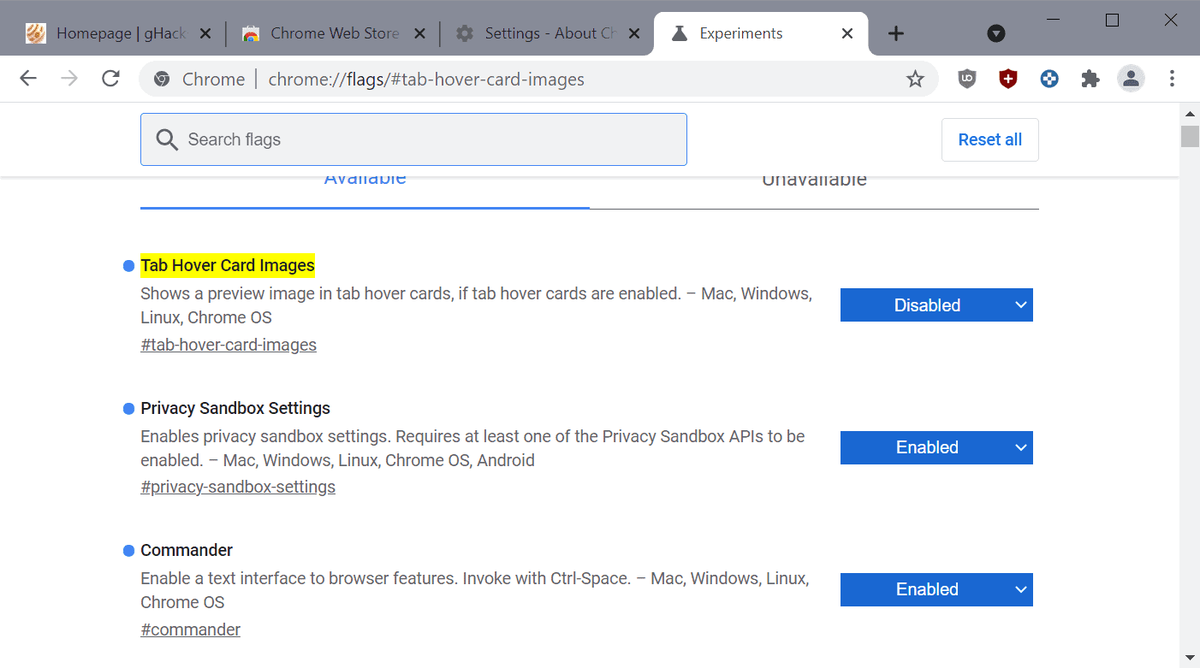 chrome: // zastave/slike kartice s hover karticama
