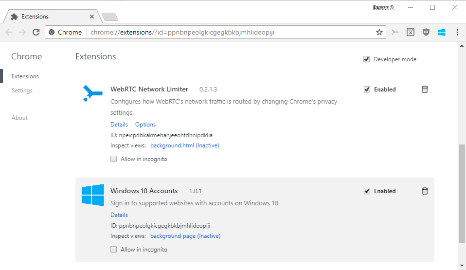 Расширение Microsoft для учетных записей Windows 10 Chrome