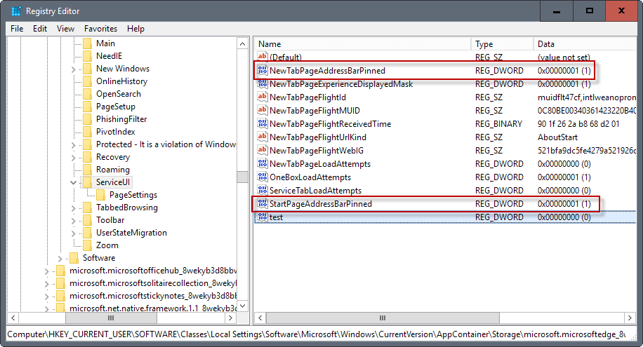 microsoft edge address bar pinned