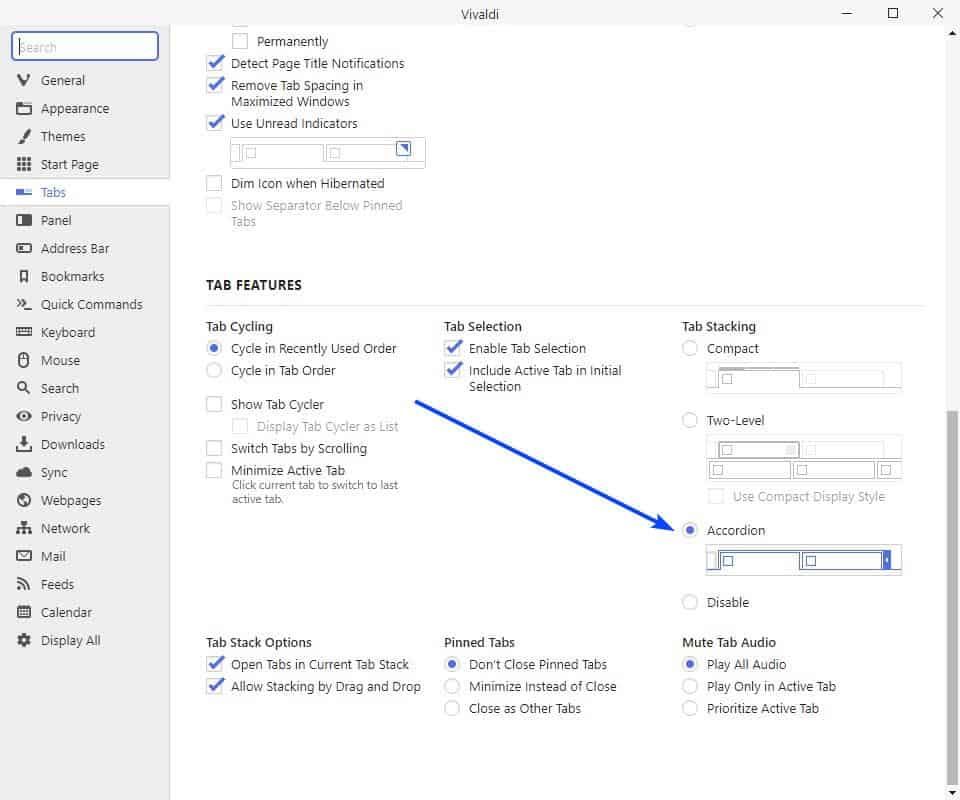 Cómo habilitar el apilamiento de pestañas de acordeón en el navegador vivaldi