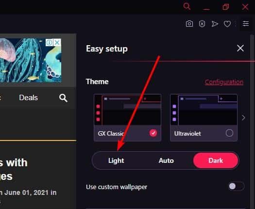 Opera GX, Işık modu kullanıcı arayüzünü etkinleştirir