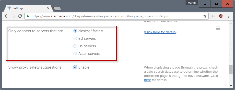 startpage servers