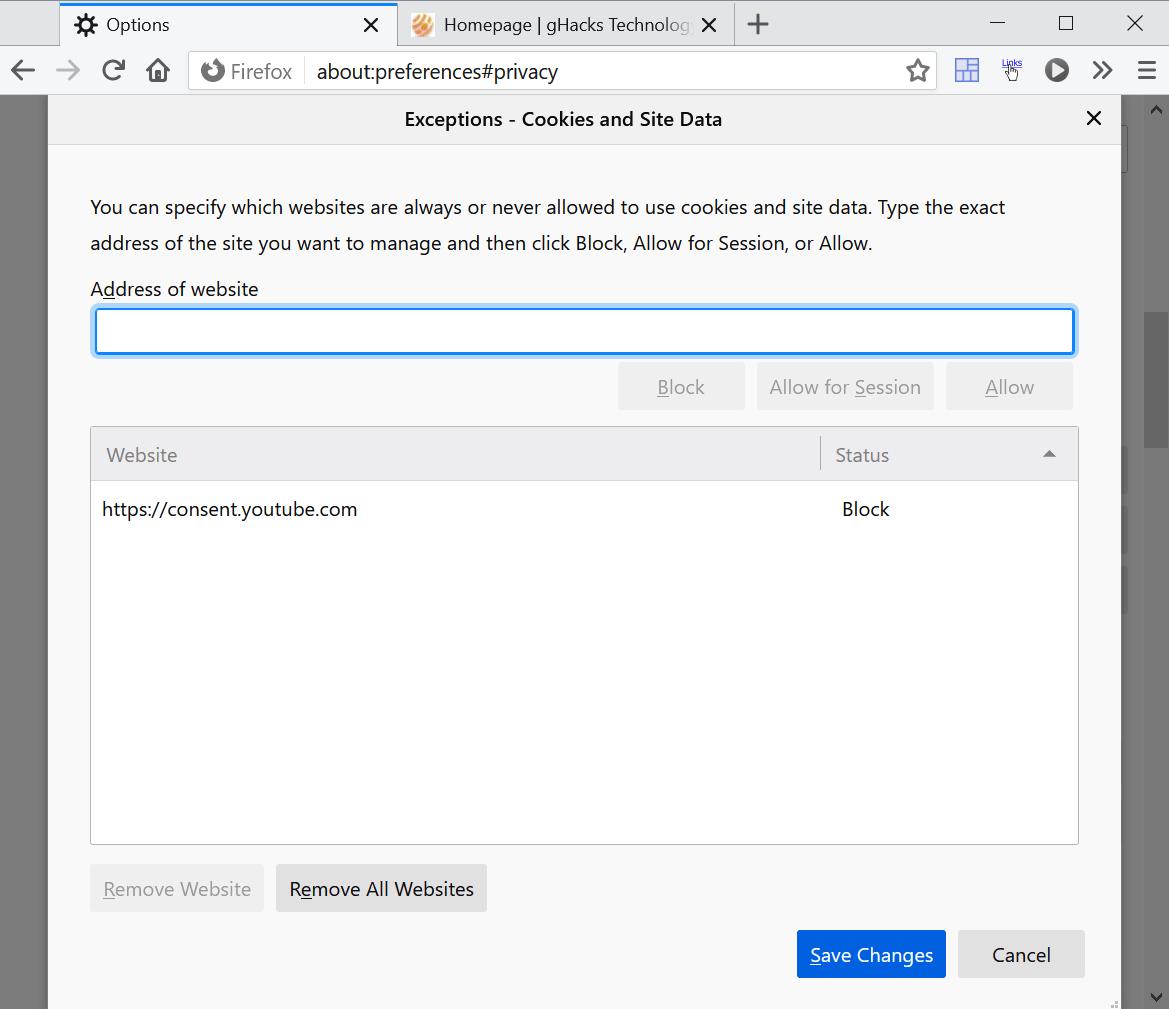 firefox cookies undantag youtube