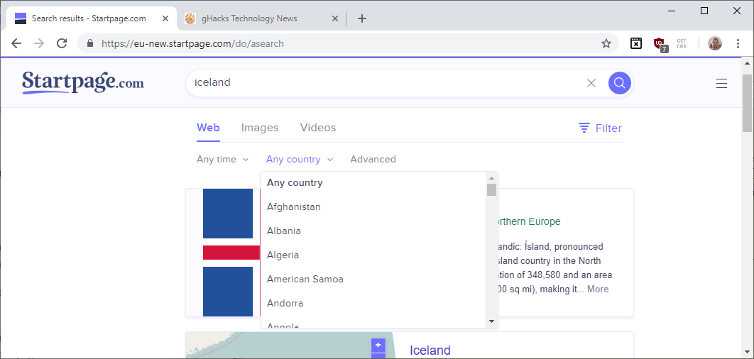 startpage filters