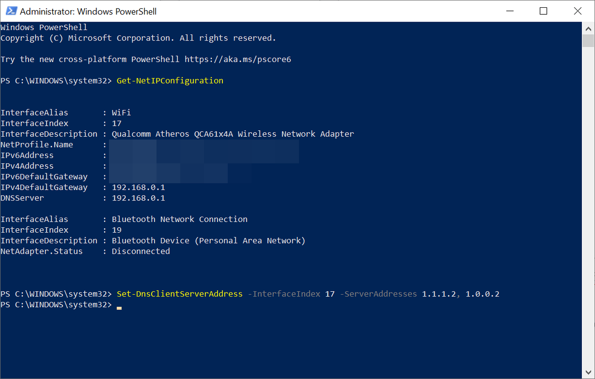 powershell change dns