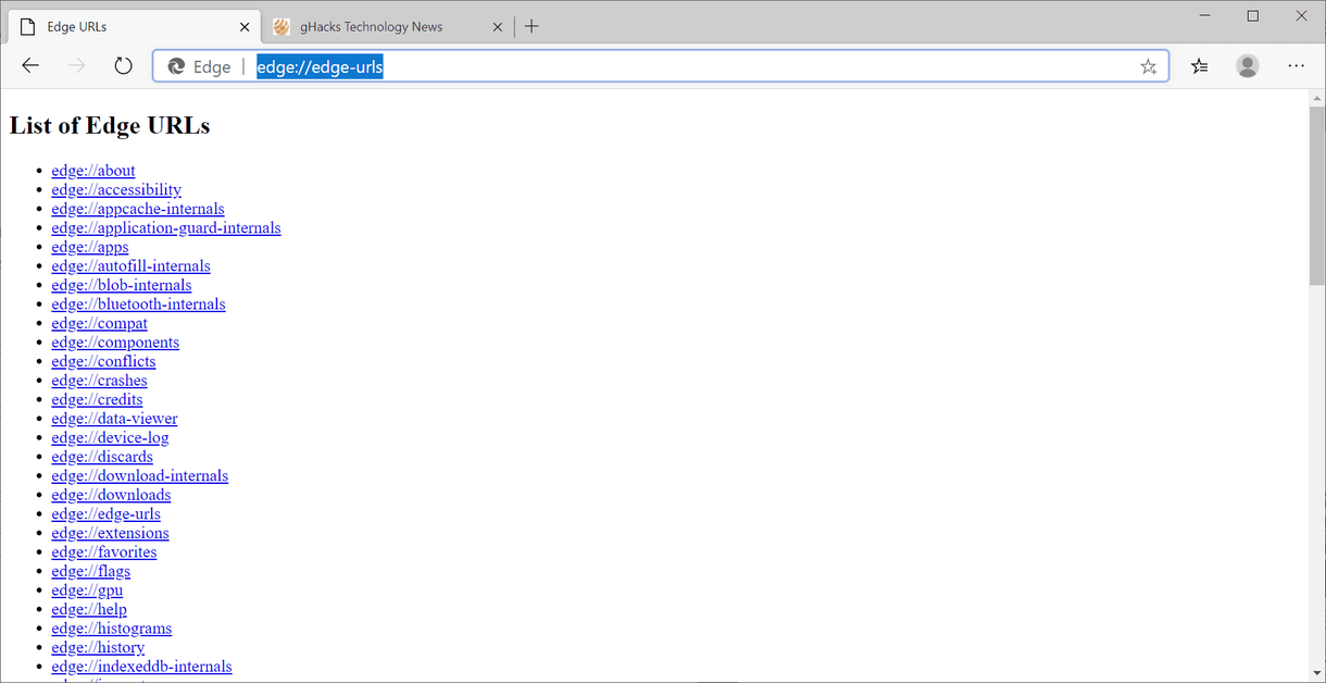 microsoft edge internal urls