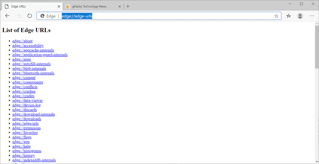 Przegląd wszystkich wewnętrznych adresów URL przeglądarki Microsoft Edge