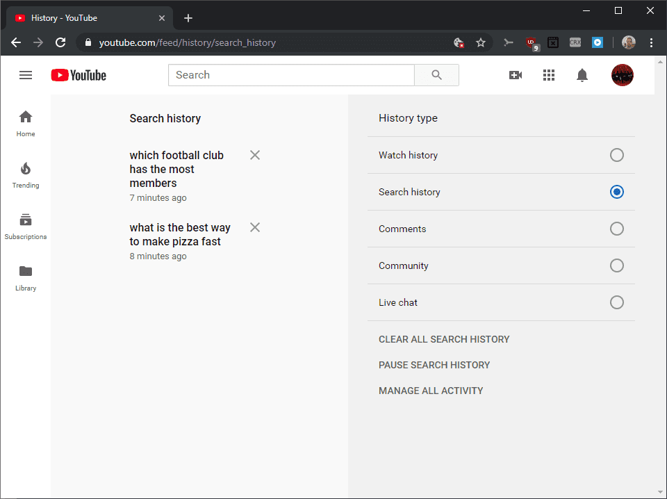 search history youtube