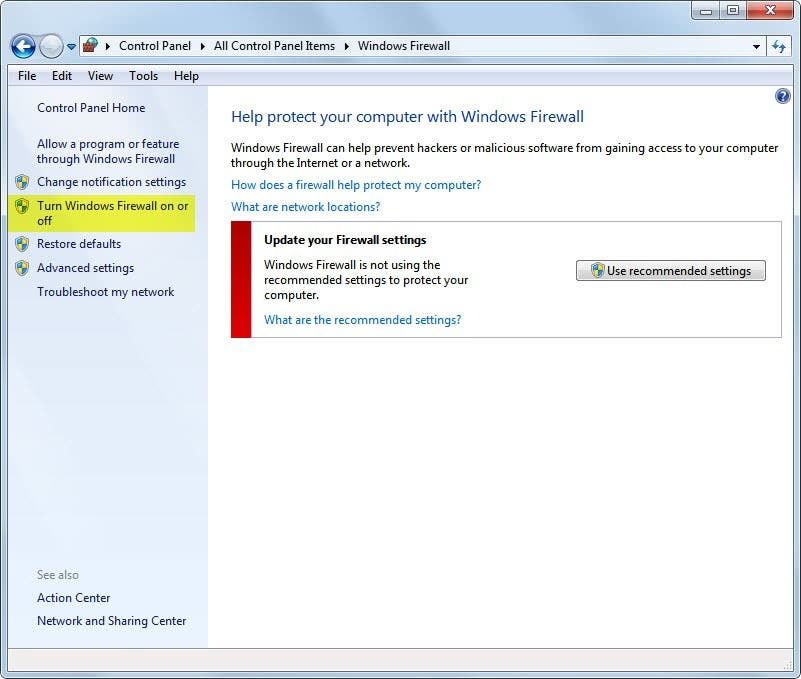 windows firewall settings