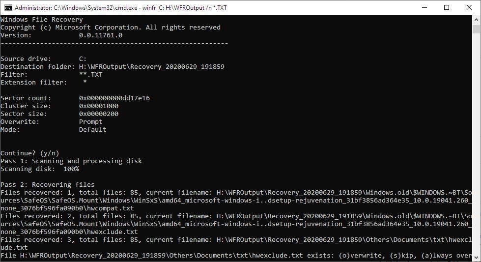 Windows File Recovery example progress