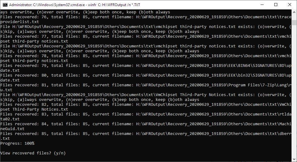 Windows File Recovery example completed