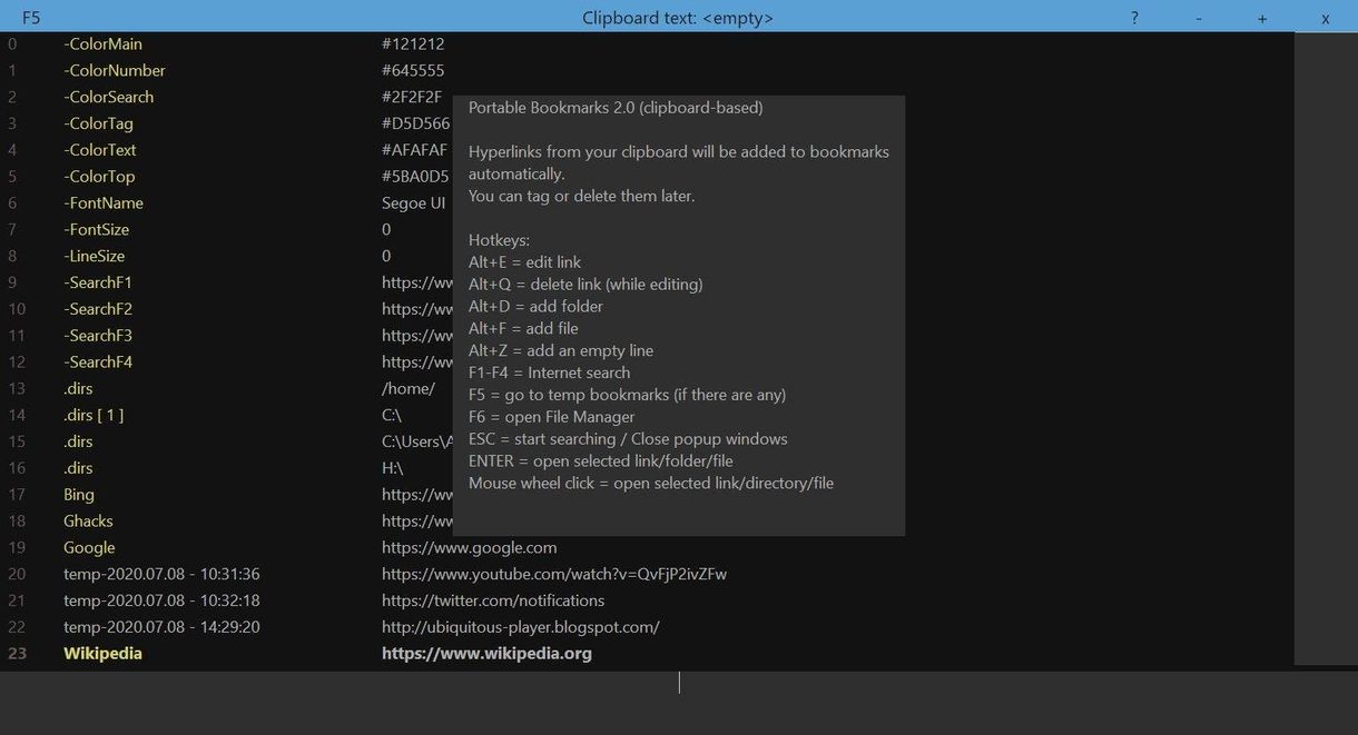 Portable Bookmarks keyboard shortcuts