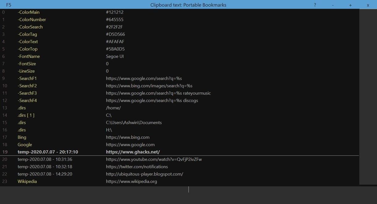 Gem webadresser, der er kopieret til udklipsholderen med Portable Bookmarks for Windows