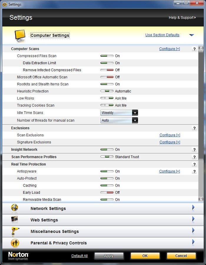 norton internet security settings