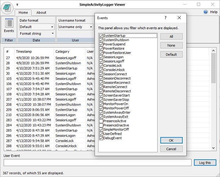 SimpleActivityLogger events