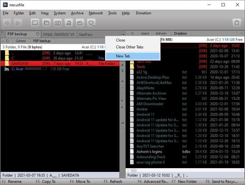 NexusFile fájl lapfül
