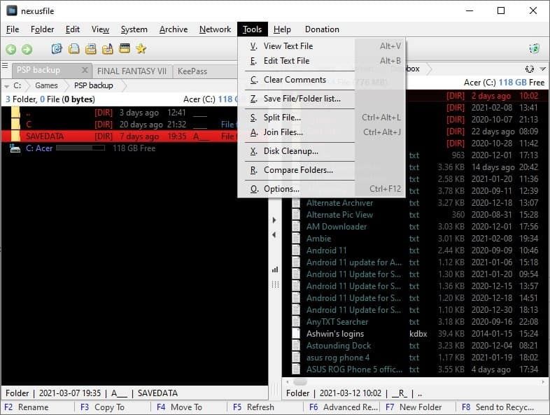 NexusFile eszközök menü