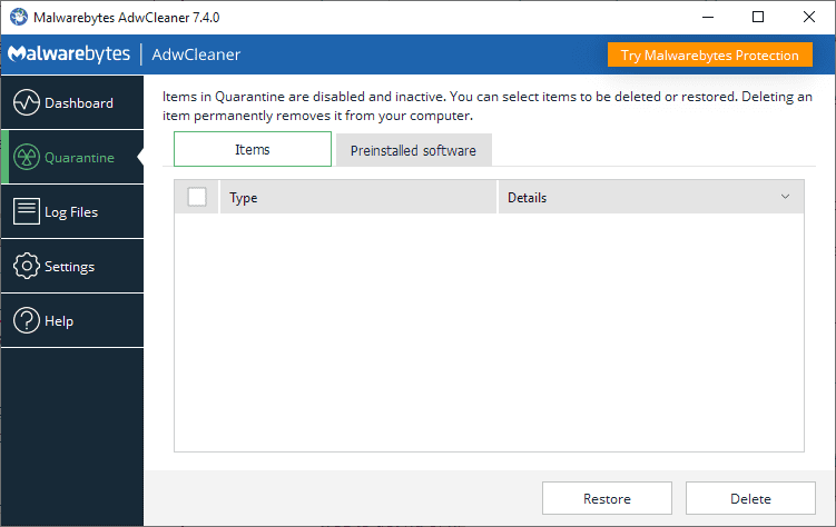 adw cleaner preinstalled software