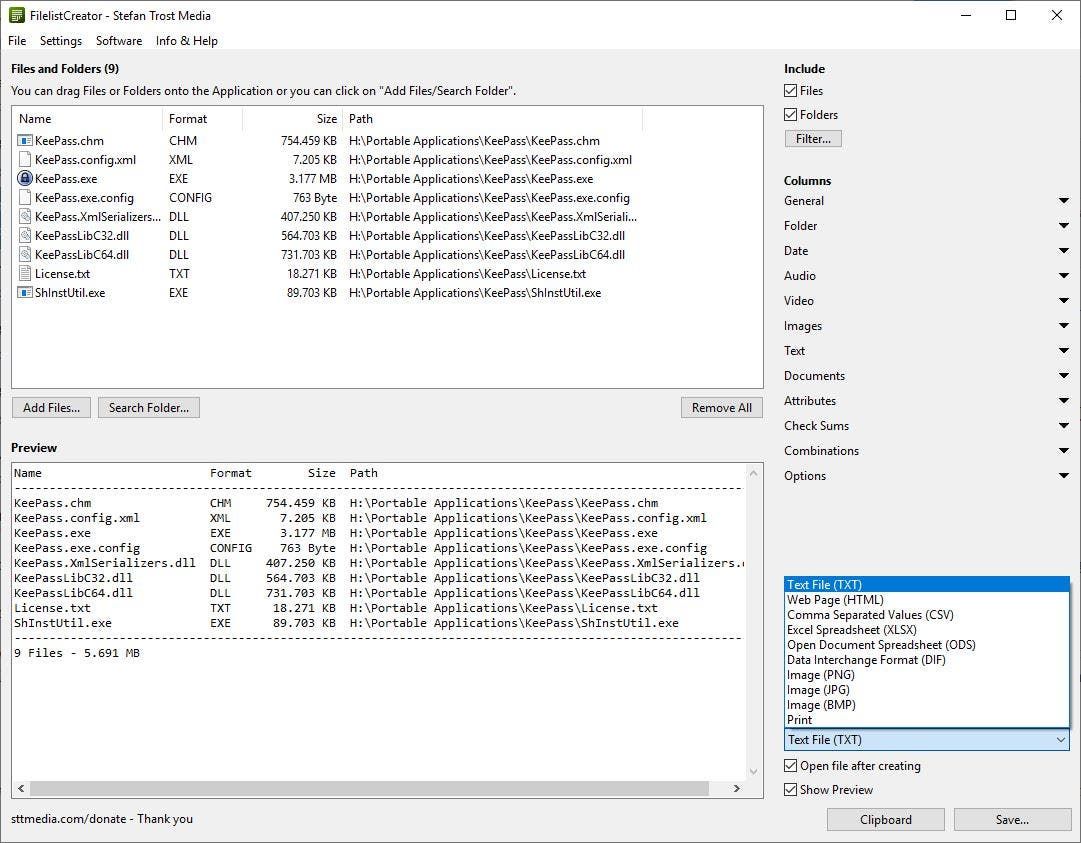 FilelistCreator export