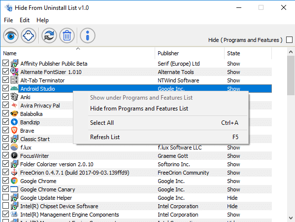 Masquer les programmes des interfaces de désinstallation dans Windows