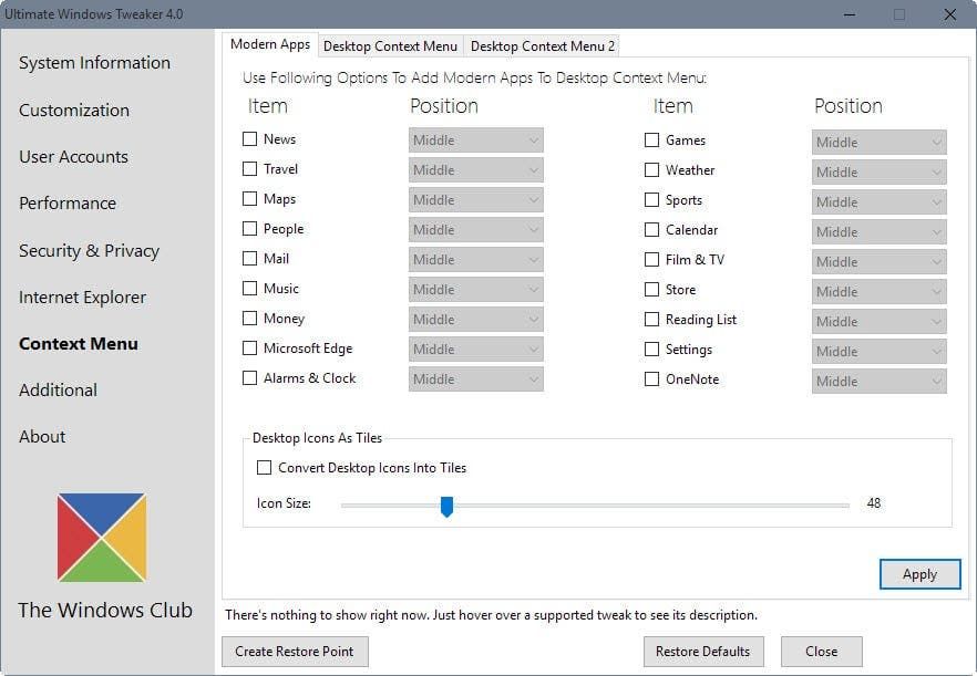 modern apps context menu