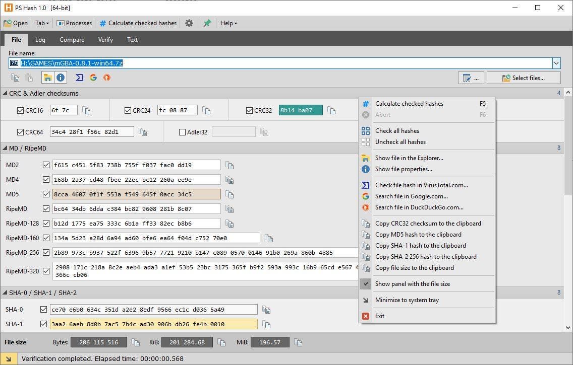 PS Hash File tab menu