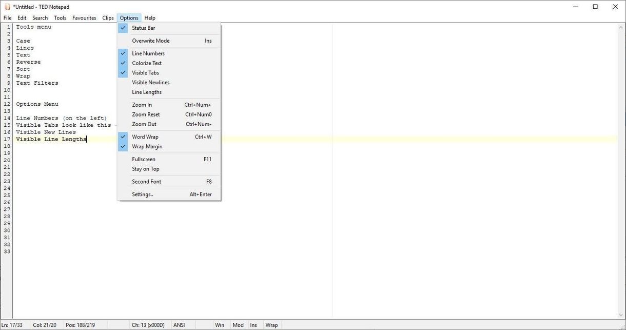 TED Notepad Options