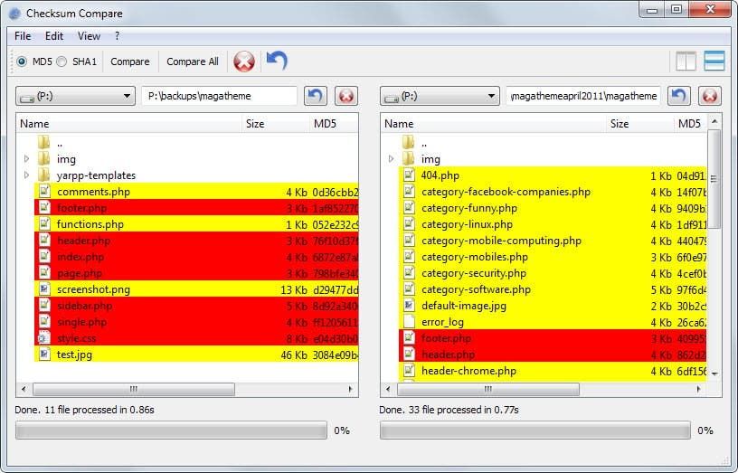 Проверьте файлы в двух каталогах с помощью Checksum Compare