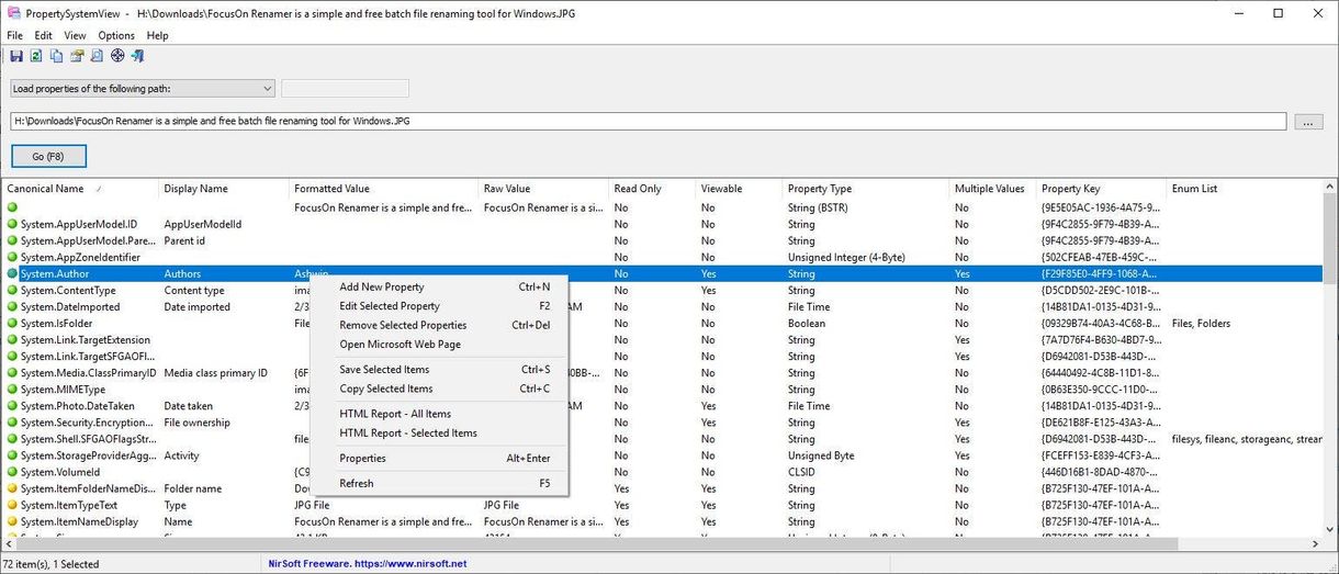 PropertySystemView context menu