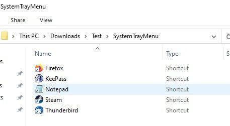 SystemTrayMenu - izveidojiet mapi un pievienojiet saīsnes
