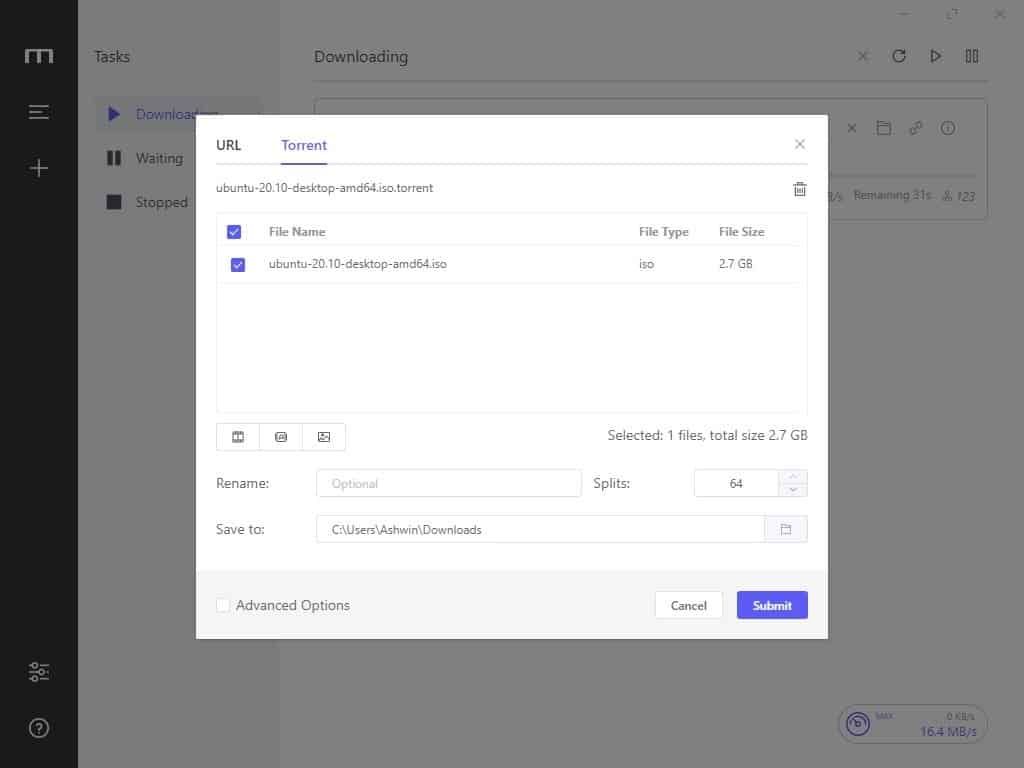Motrix добавляет новую загрузку через торрент